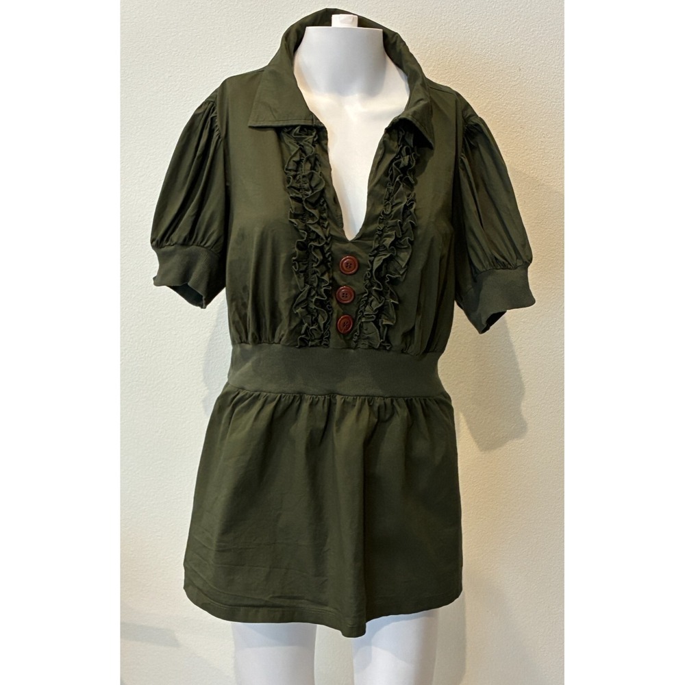 Boho Peplum Top Size 1X Olive Green Y2K Buttons Ruffle Puff Sleeves Cottagecore